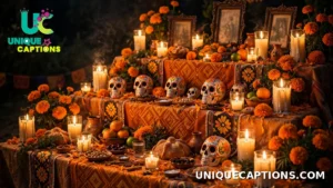 Dia de los Muertos Quotes — a glowing ofrenda with candles and marigolds at night