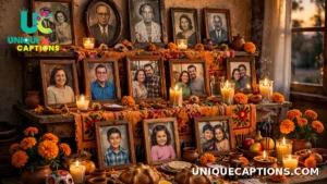 Multi-generational family altar with framed photos, candles, and marigolds