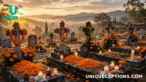 Sunrise over a cemetery decorated with marigolds and candles