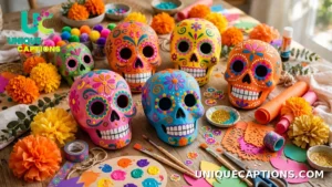 Colorful sugar skull craft decorations and paper flowers on a cheerful table