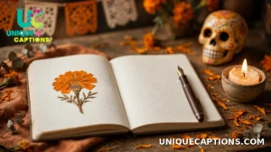 Open journal with a pressed marigold flower resting on its pages