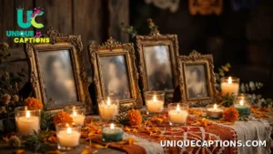 Candlelit photo frames arranged on a remembrance altar with marigold petals