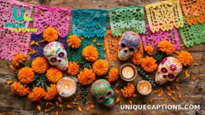 Colorful papel picado banners and marigolds in a flat lay for Dia de los Muertos