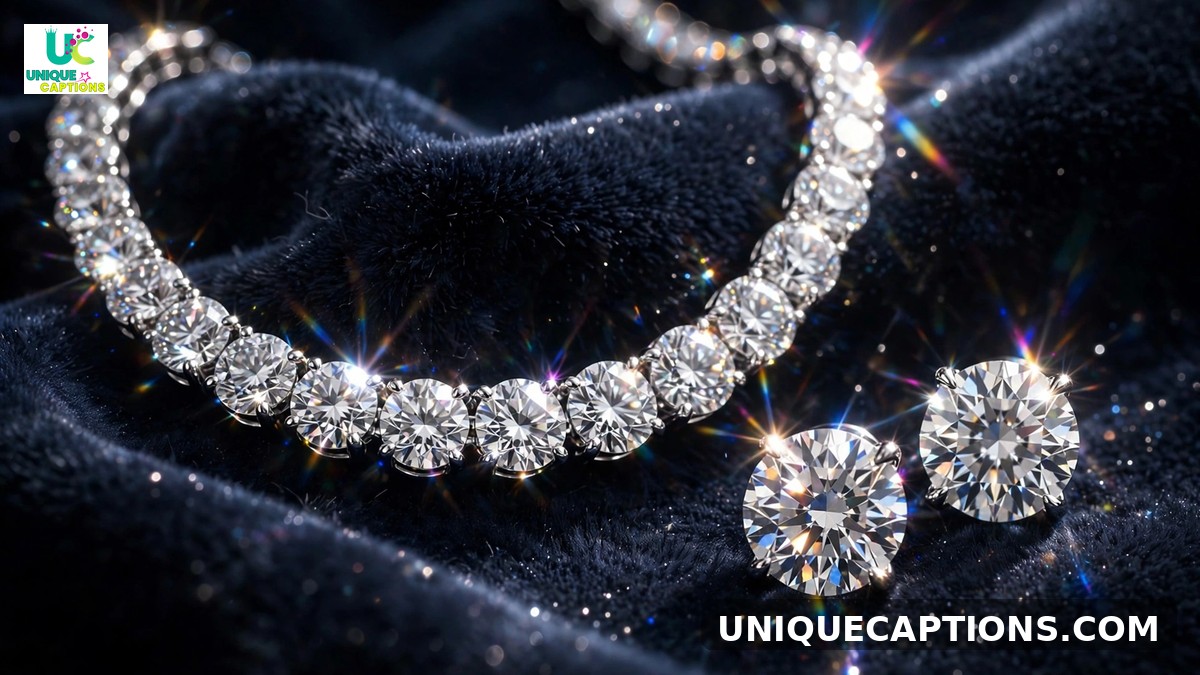 Diamond jewelry captions - sparkling diamond necklace and stud earrings on dark velvet