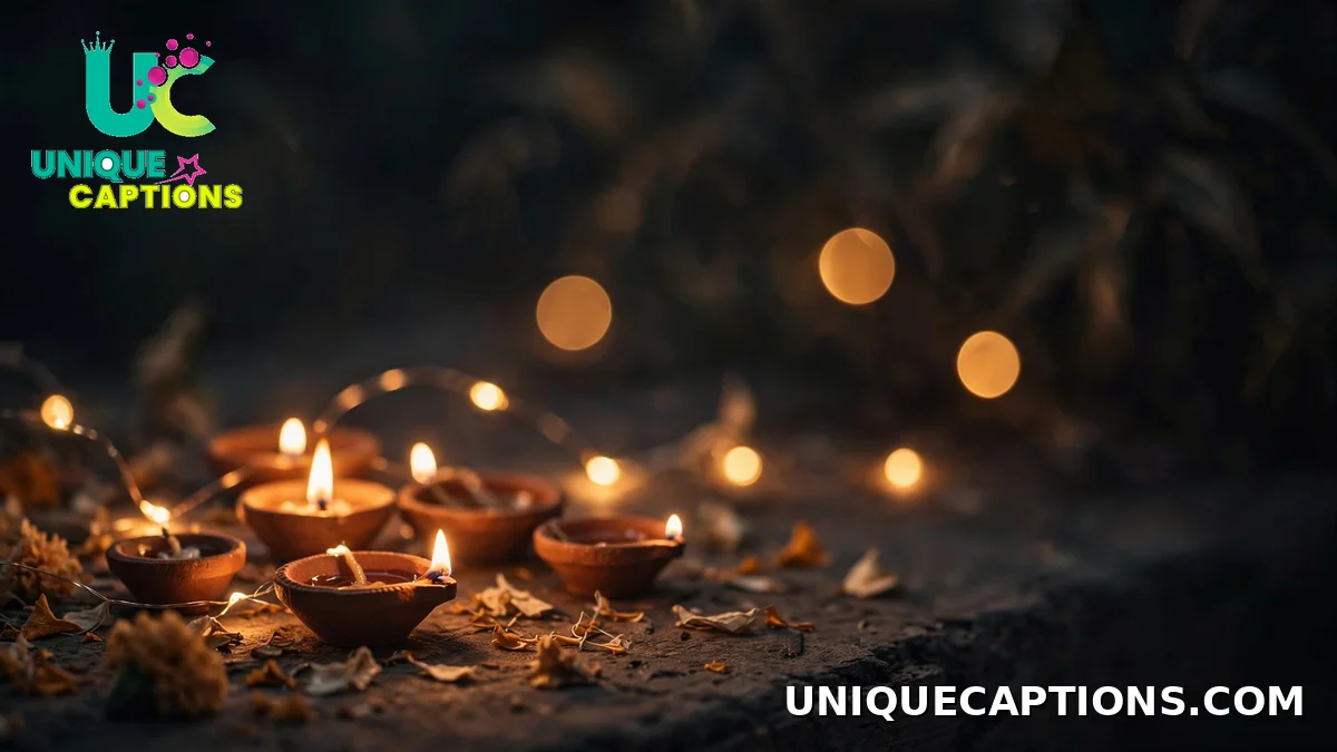 Moody aesthetic diyas and fairy lights in warm amber tones - aesthetic Diwali captions