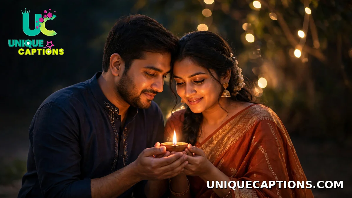Indian couple holding a lit diya with fairy lights behind - romantic Diwali captions for couples