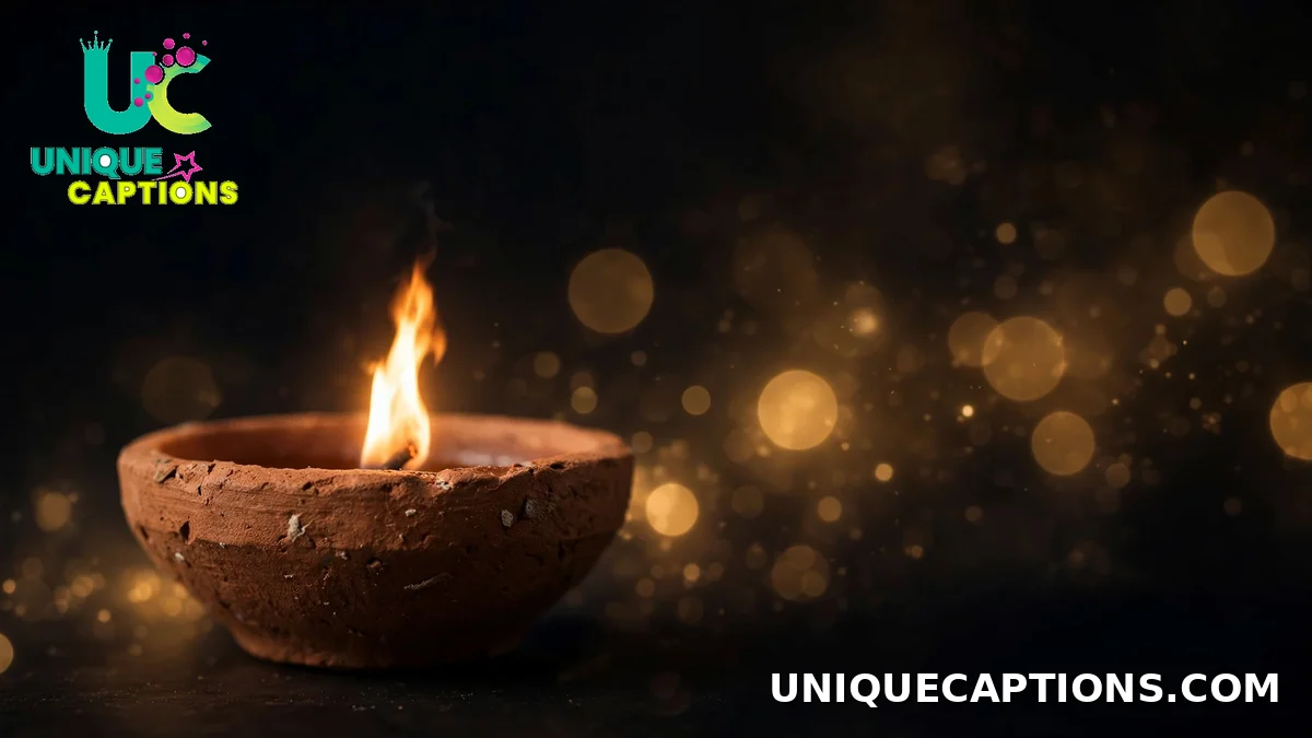 Macro shot of a clay diya flame glowing in the dark - diya and Festival of Lights captions