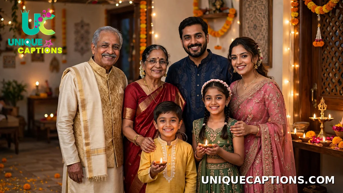 Multi-generation Indian family in festive wear with diyas - Diwali captions for family