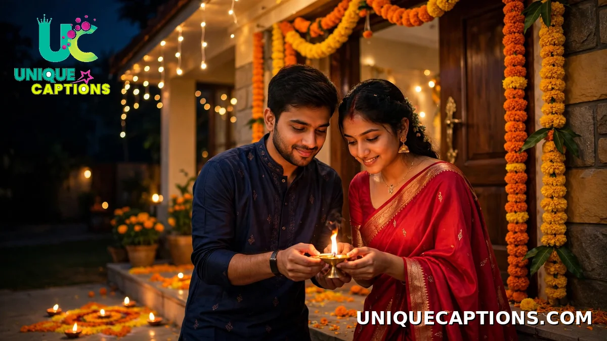 Newlywed couple lighting their first diya at their decorated new home - first Diwali as a married couple captions