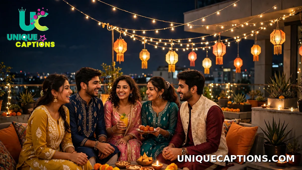 Friends celebrating at a rooftop Diwali party with fairy lights - Diwali captions for friends