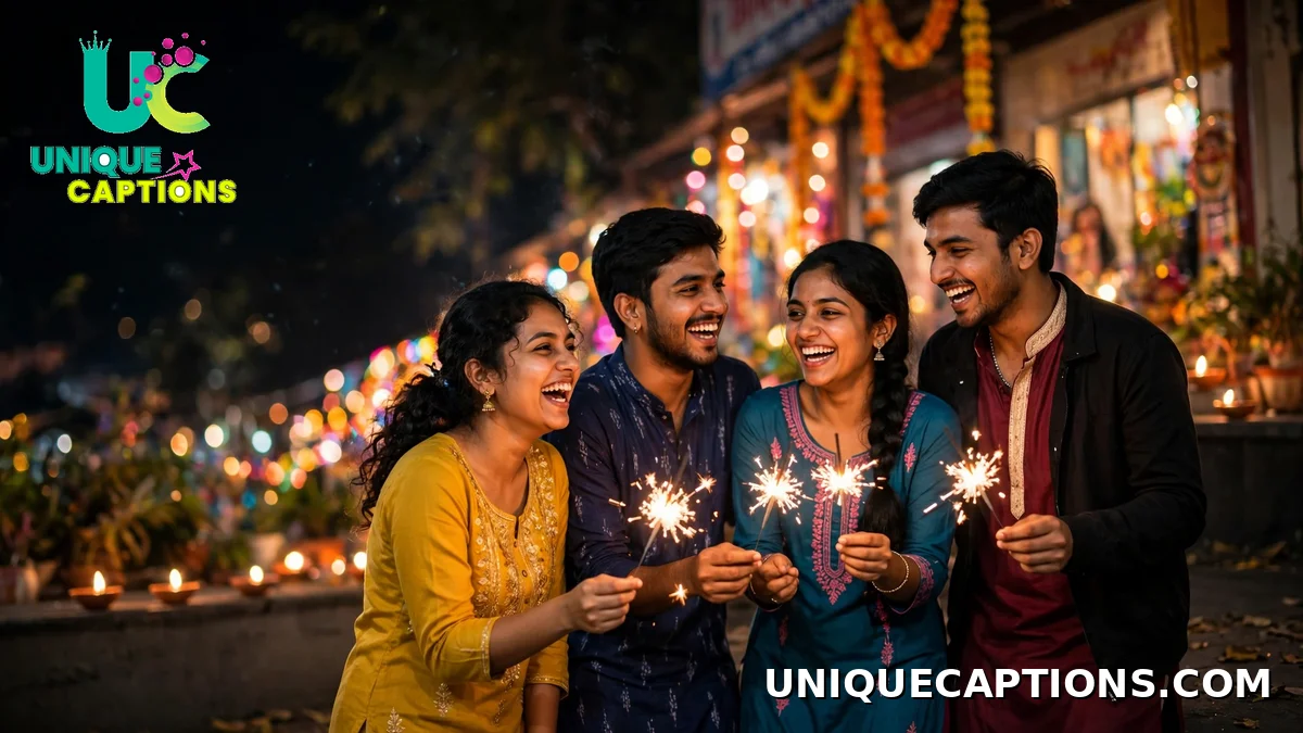 Young friends laughing with sparklers on Diwali night - funny Diwali captions