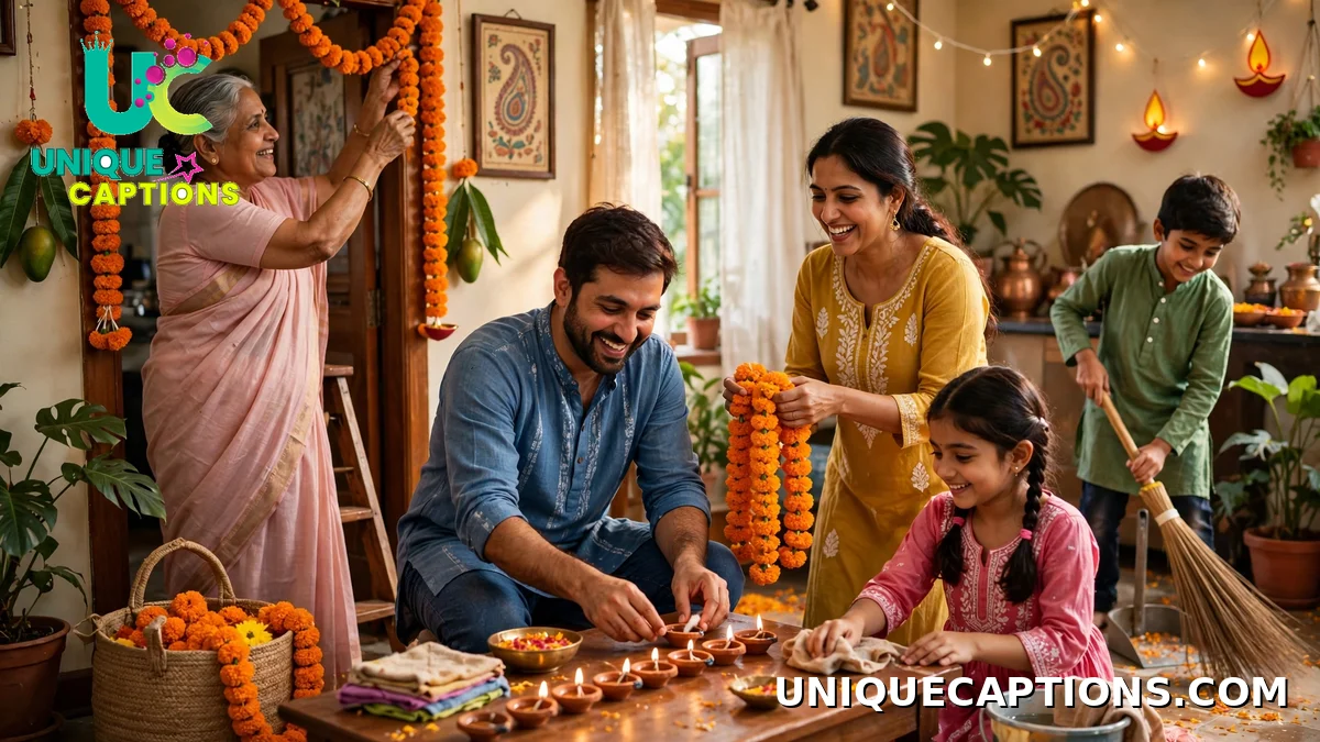 Family cheerfully cleaning and decorating their home before Diwali