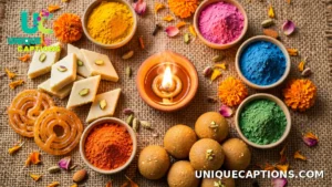 Diwali Captions in Hindi inspiration — festive flat lay of a single glowing diya with rangoli colours and sweets