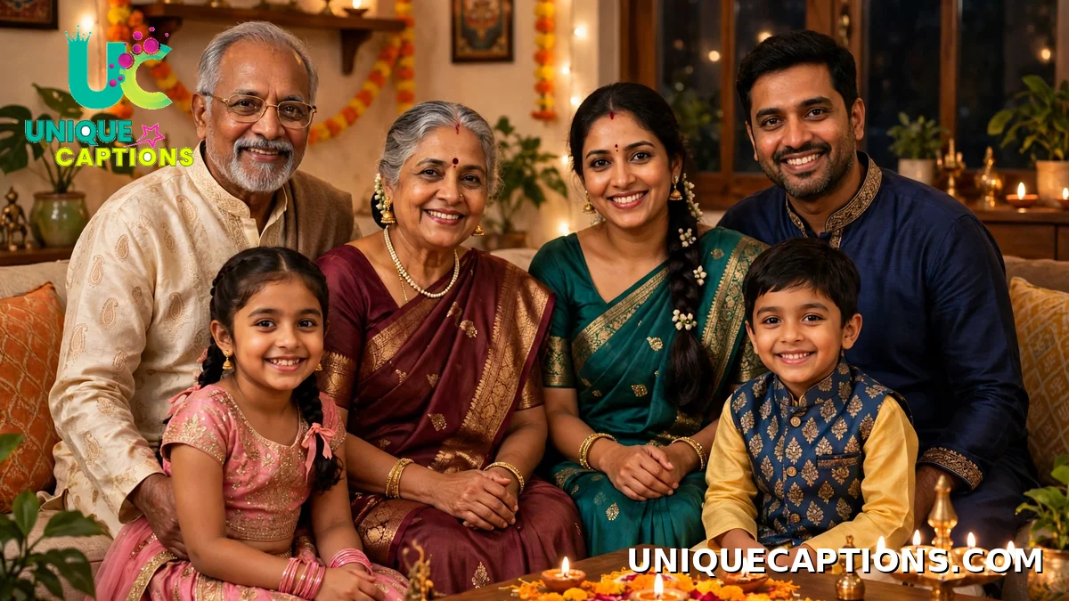 Three generations of an Indian family celebrating Diwali together at home