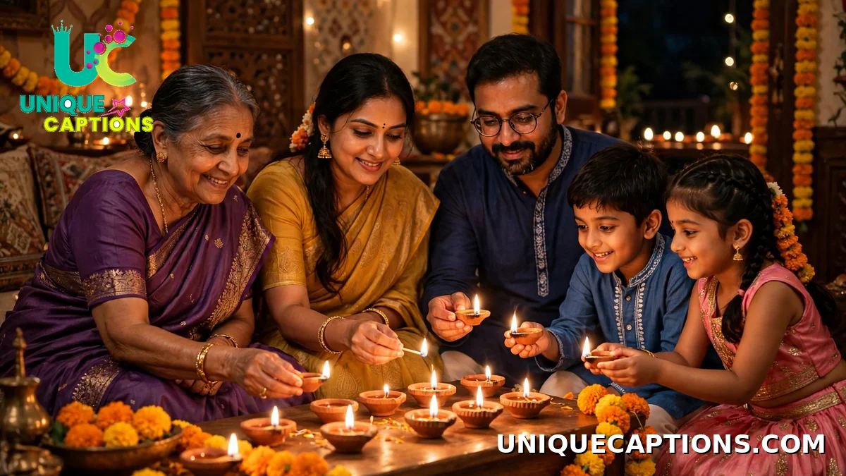 Indian family lighting earthen diyas together at home on Diwali night