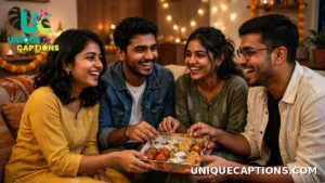 Group of friends laughing and sharing Diwali sweets at home