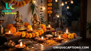 Lakshmi and Ganesha puja altar with diyas coins and marigold flowers