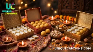 Assorted Diwali mithai boxes with diyas and dry fruits