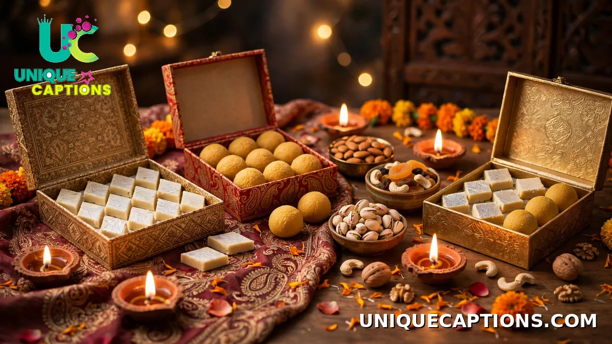 Assorted Diwali mithai boxes with diyas and dry fruits
