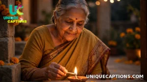 Elderly mother lighting a diya with a serene expression on Diwali evening
