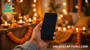 Hand holding a phone with a festive Diwali decorated home in the background