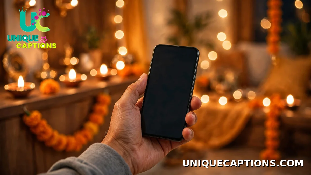 Hand holding a phone with a festive Diwali decorated home in the background