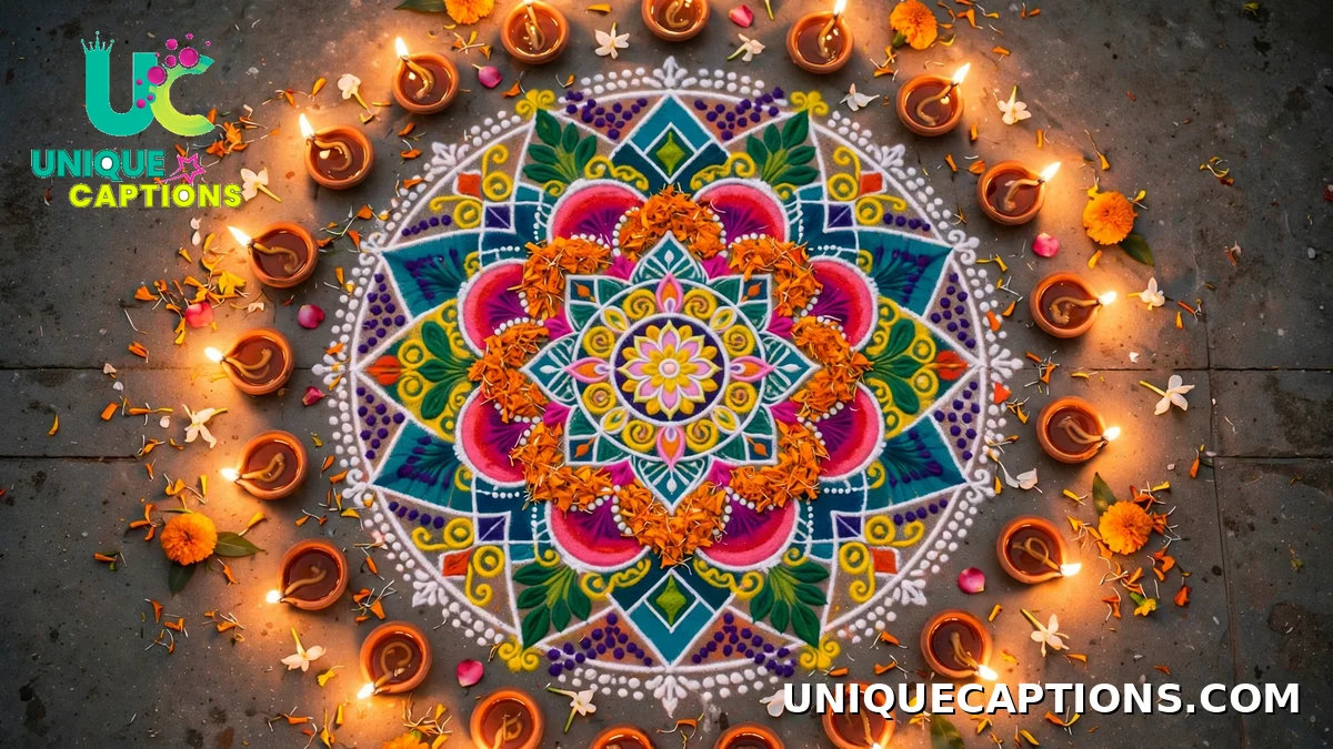 Colourful Diwali rangoli decorated with diyas photographed from above