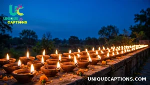 Row of glowing earthen diyas lined up at dusk during Diwali