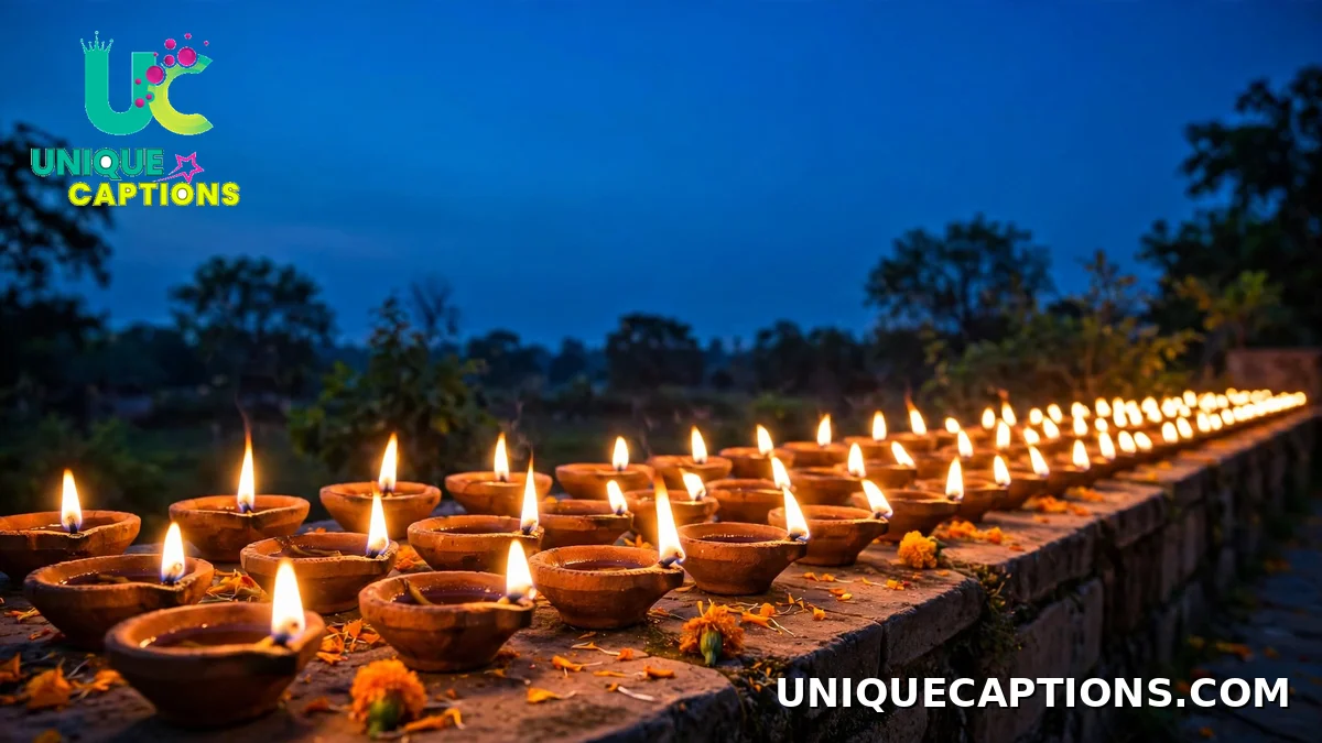 Row of glowing earthen diyas lined up at dusk during Diwali