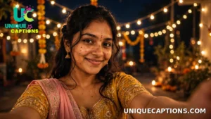 Young woman taking a selfie with warm fairy lights behind her on Diwali