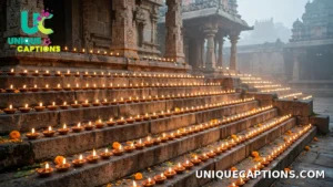 Rows of lit diyas on temple steps at dawn during Diwali