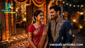 Woman in a red saree and man in a kurta standing by a decorated doorway on Diwali