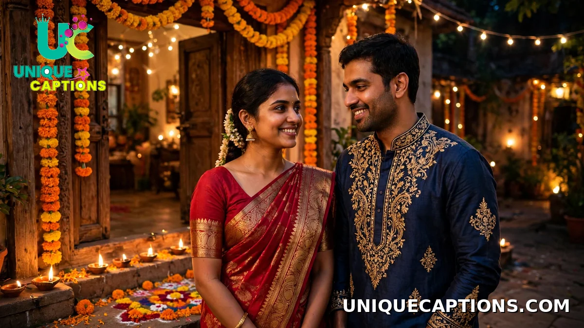 Woman in a red saree and man in a kurta standing by a decorated doorway on Diwali