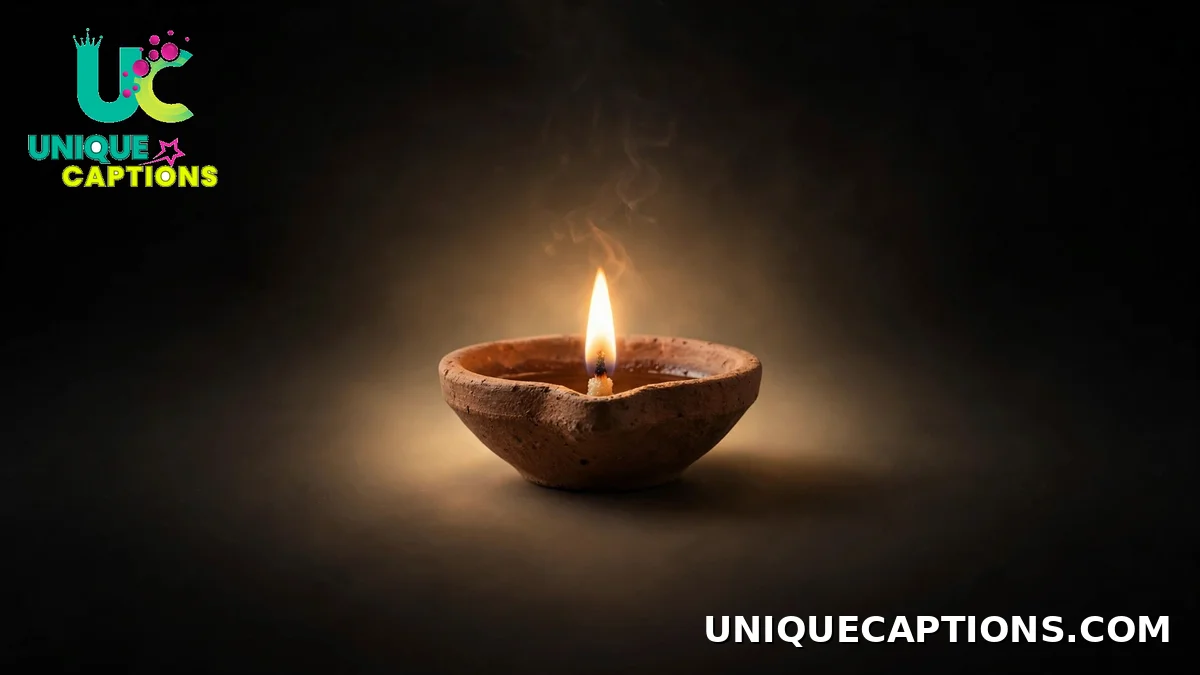Single lit clay diya against a dark background - one-word Diwali captions