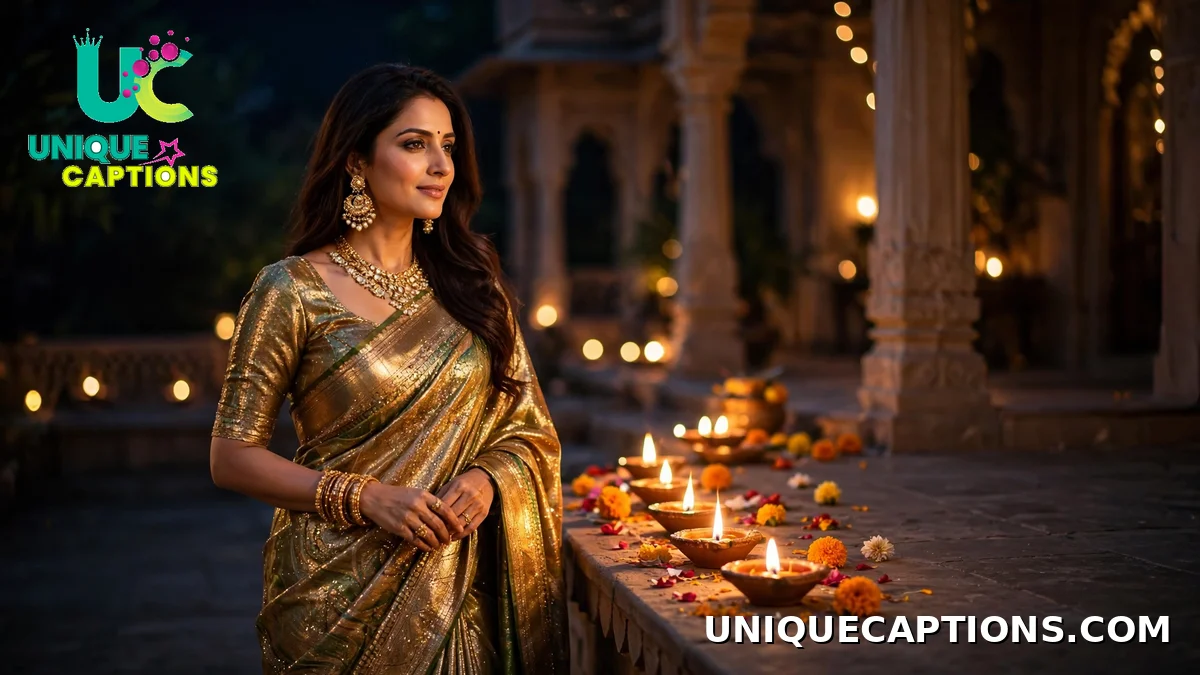 Woman in shimmering festive saree beside glowing diyas - Diwali outfit and ethnic wear captions