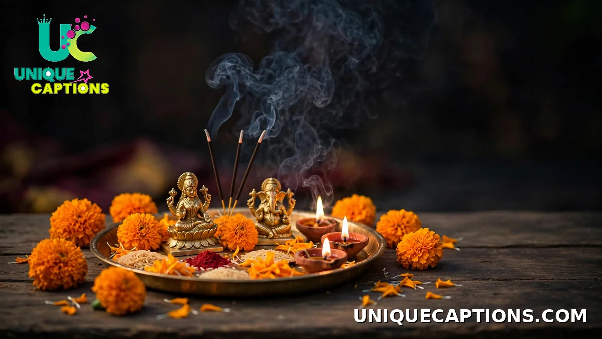 Traditional Lakshmi Puja thali with marigolds, diyas and idols - Lakshmi Puja blessing captions