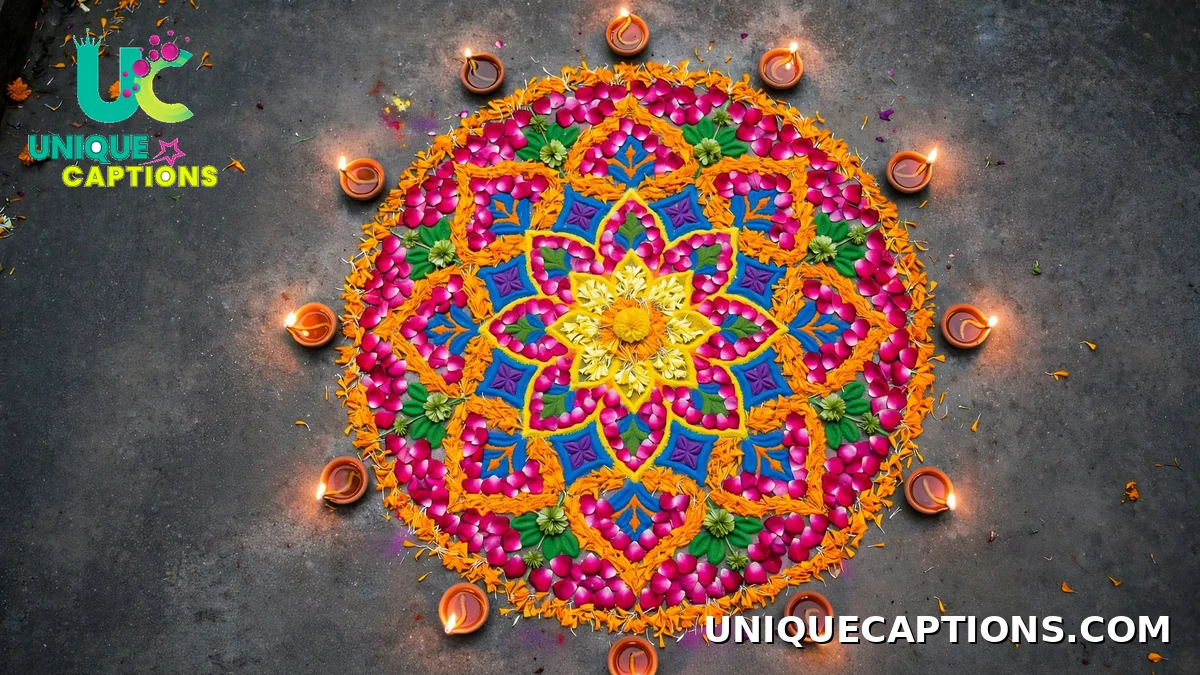 Colorful rangoli with flower petals surrounded by lit diyas - rangoli captions for Instagram