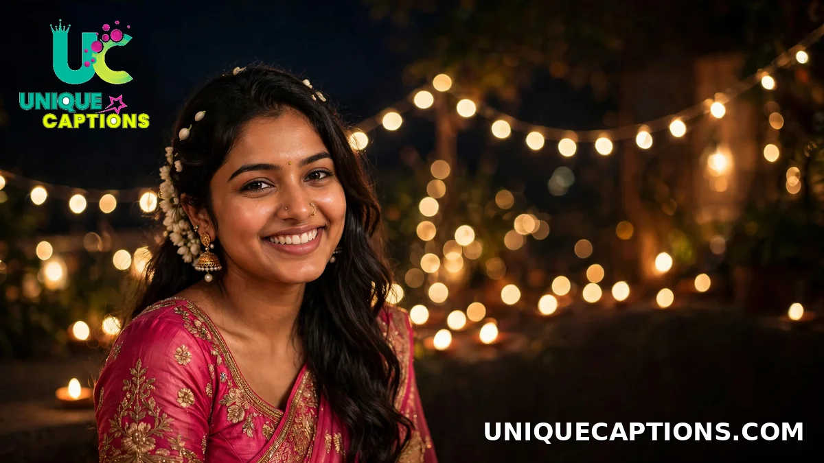Young woman in festive attire smiling with fairy light bokeh - Diwali selfie captions