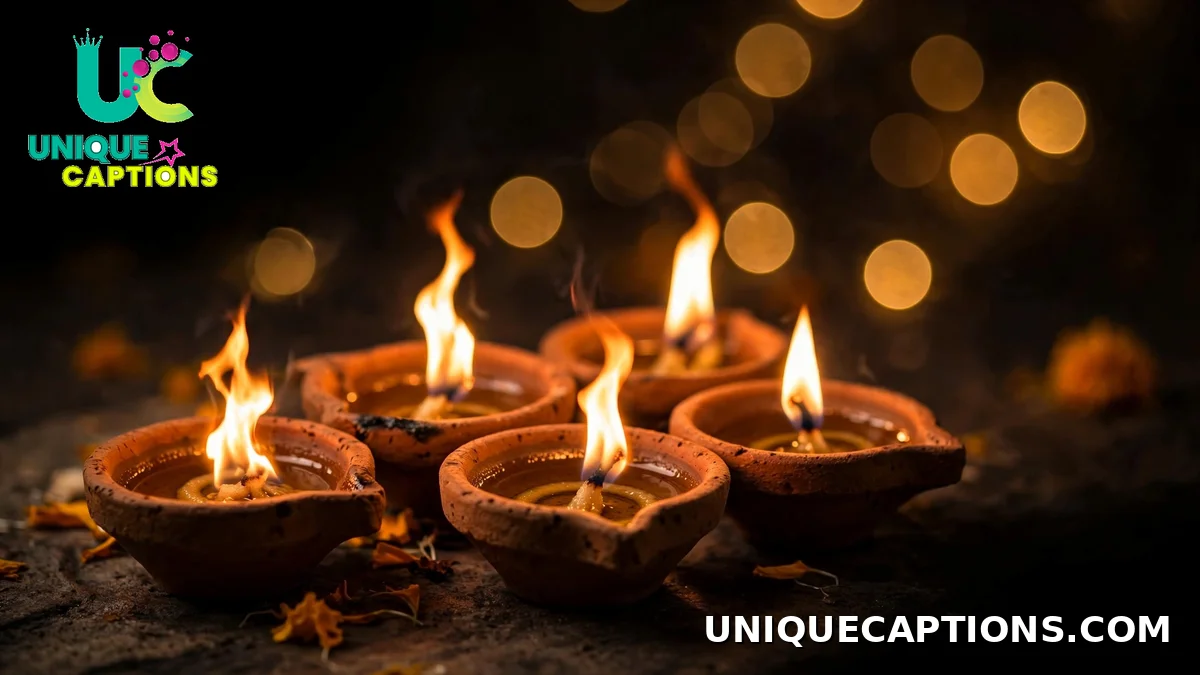 Glowing clay diyas with warm flames and golden bokeh - short Diwali captions for Instagram
