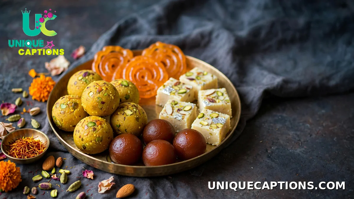 Brass thali of colorful Indian Diwali sweets, ladoo, jalebi and barfi - Diwali sweets captions