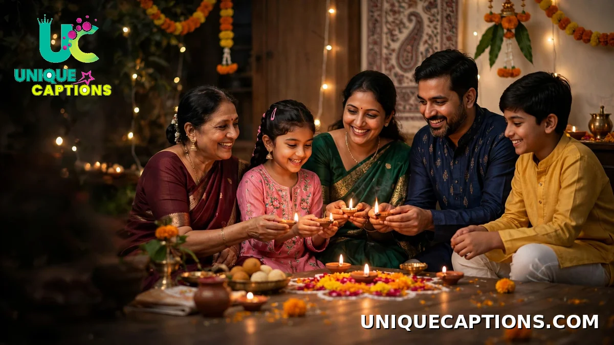 Indian family lighting diyas together at home - Happy Diwali wishes captions