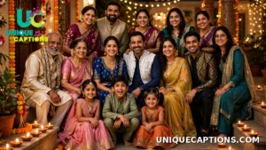 Large happy group of family and friends in festive outfits posing together for a Diwali party photo