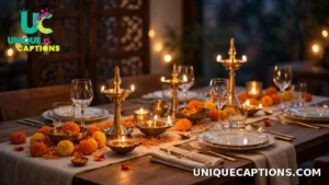 Candlelit Diwali dinner table with brass lamps, marigold flowers and warm elegant glow