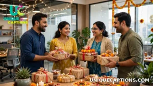 Colleagues exchanging Diwali gift hampers and greeting each other in a bright decorated office