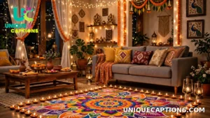 Beautifully decorated living room with a colourful rangoli, rows of diyas and warm fairy lights
