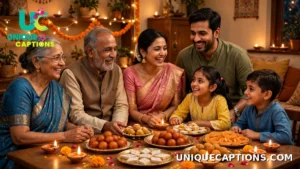 परिवार के सदस्य दीयों और मिठाइयों के साथ गर्म रोशनी वाले घर में दिवाली पार्टी मनाते हुए