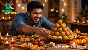 Friend playfully reaching across a table for a huge plate of Diwali sweets and laddoos