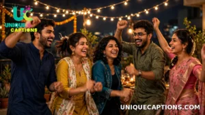 Friends dancing joyfully at a festive night party under strings of warm lights