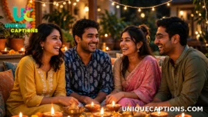 Friends laughing together under warm fairy lights and glowing diyas at a house party — Diwali Party Captions inspiration