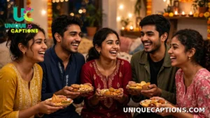 Group of friends laughing together at a Diwali house party with snack plates and warm string lights